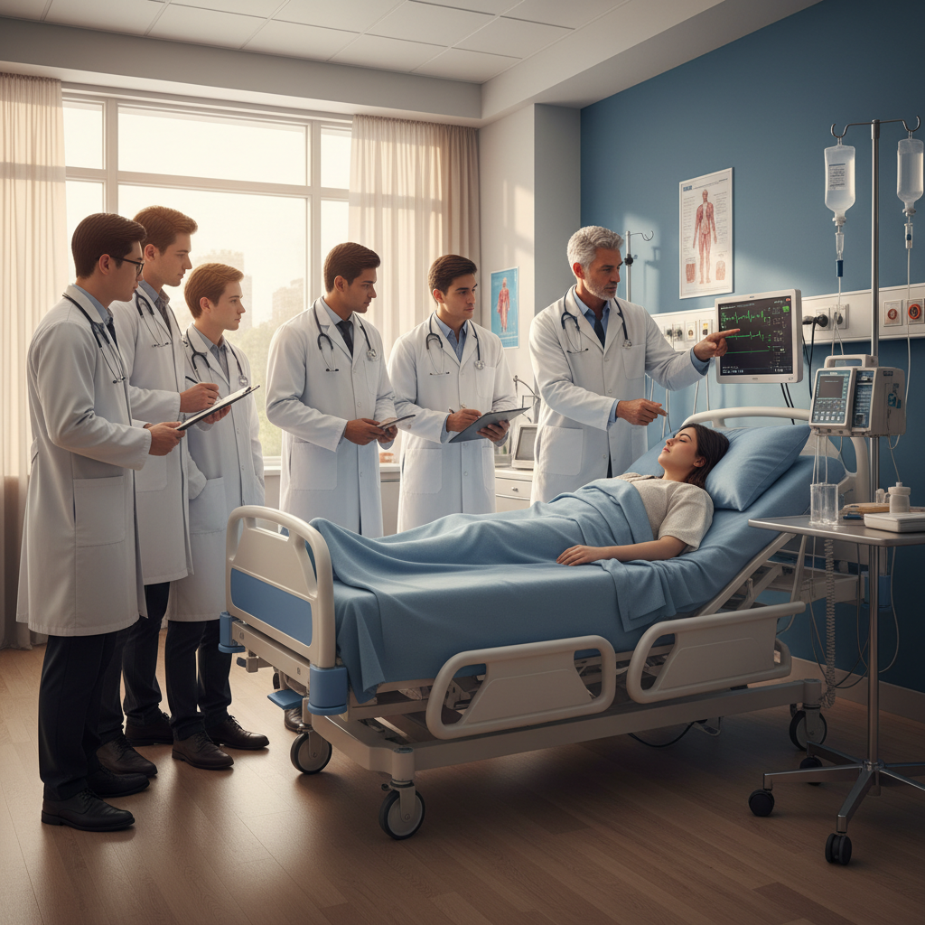 Étudiants en médecine en blouse blanche autour d'un lit d'hôpital lors d'une session de formation clinique pratique